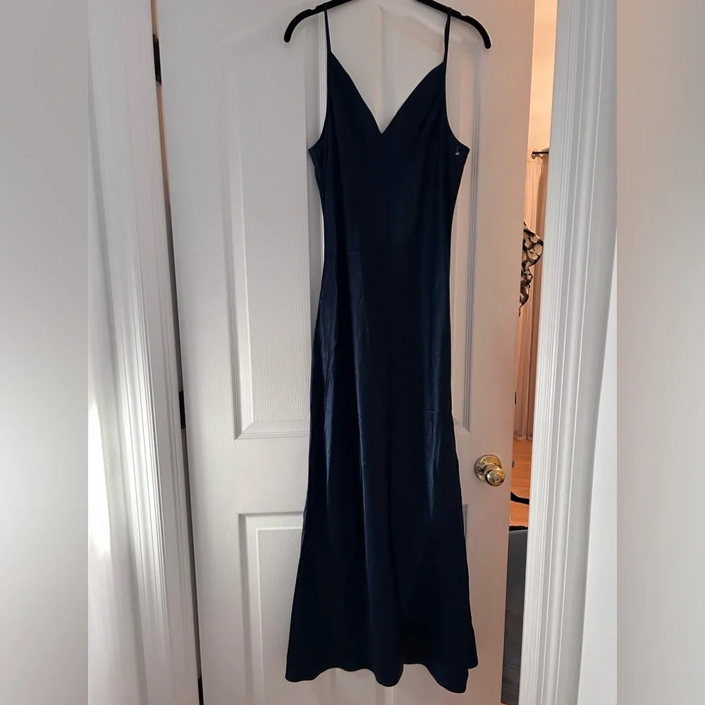 AllSaints Navy Blue Satin Slip Maxi Dress - Picture 2 of 5